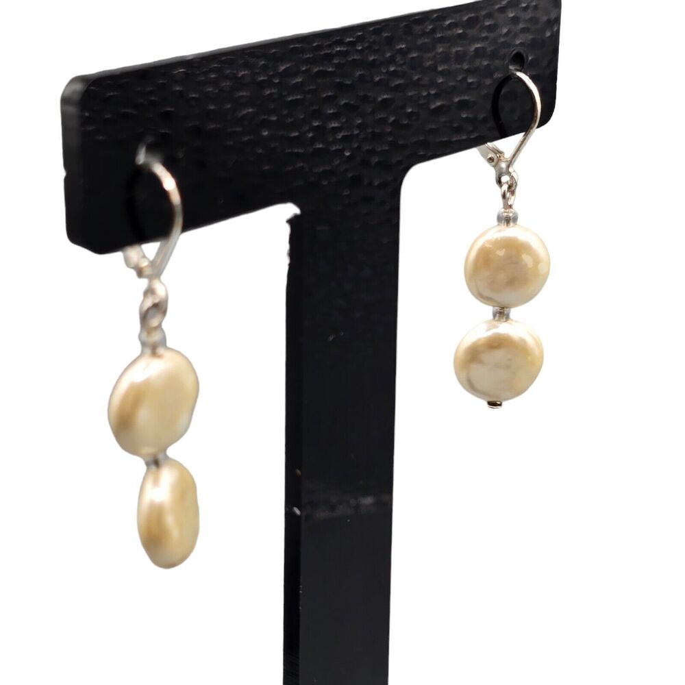 Simulated Coin Pearl Earrings Pierced Off White Dangle Leverback Silver Tone